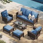 HERA'S HOUSE High Back Patio Furniture Set with Swivel Chairs, All Weather Outdoor Wicker Sofa Set, 6 Pieces Patio Conversation Sets with 5.5" Comfy Cushions for Lawn Deck Backyard, Navy Blue