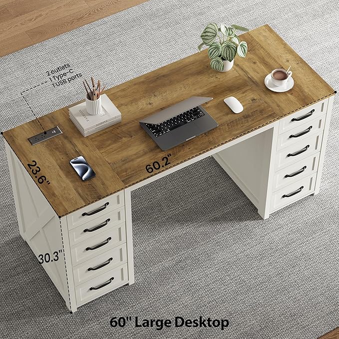 WOPITUES 60" Farmhouse Home Office Desk with 10 Wooden Drawers, Rustic Computer Writing Desk with Power Outlets, Large Executive Desk with Storage Cabinet for Work Study Writing, Rustic Brown & White