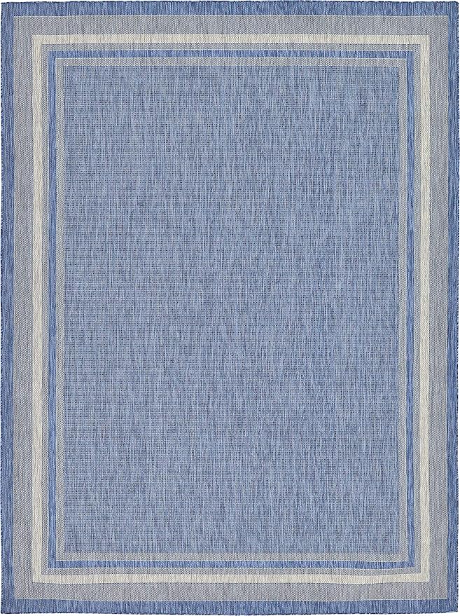 Unique Loom Outdoor Border Collection Area Rug - Soft Border (9' x 12' Rectangle, Blue/ Ivory)