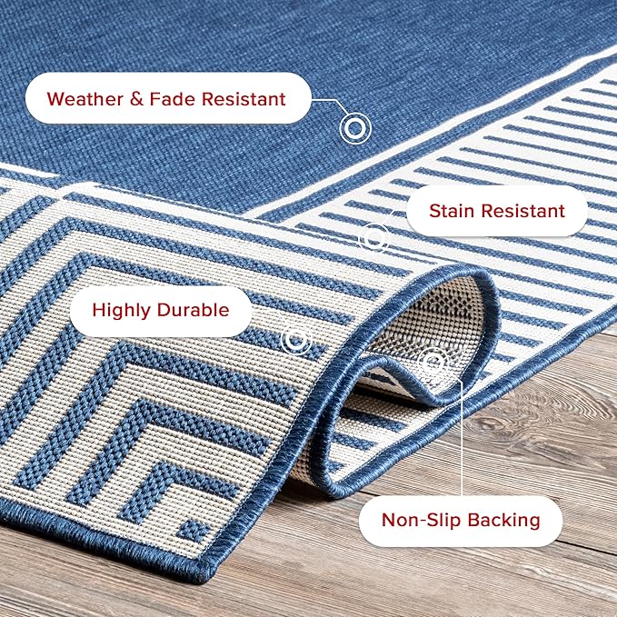 nuLOOM 10' x 12' Outdoor Area Rug, Casual Design With Striped Border, Stain Resistant, Highly Durable, For Patio, Balcony, Bedroom, Living Room, Dining Room, Bathroom, Navy