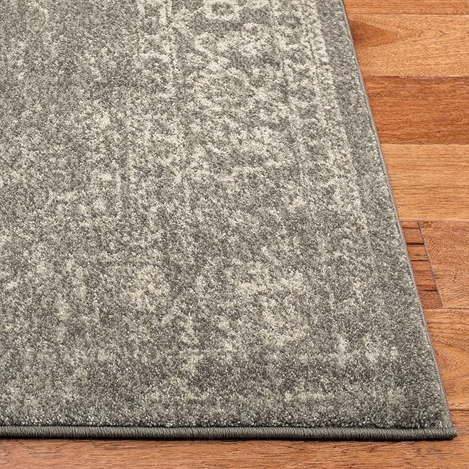 SAFAVIEH Evoke Collection Area Rug - 9' Square, Silver & Ivory, Distressed Design, Non-Shedding & Easy to Clean, Ideal for Living Room, Bedroom, Dining Space (EVK256S)