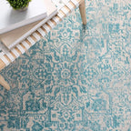 SAFAVIEH Evoke Collection Area Rug - 6'7" Square, Ivory & Aqua, Distressed Design, Non-Shedding & Easy to Clean, Ideal for Living Room, Bedroom, Dining Space (EVK256J)