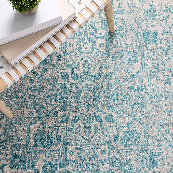 SAFAVIEH Evoke Collection Area Rug - 5'3" Square, Ivory & Aqua, Distressed Design, Non-Shedding & Easy to Clean, Ideal for Living Room, Bedroom, Dining Space (EVK256J)
