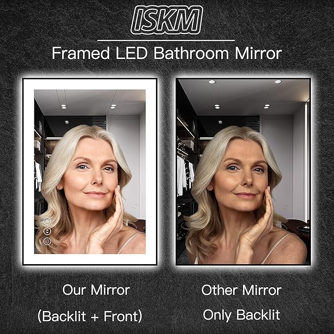 ISKM Framed LED Mirror for Bathroom 84"x40", Dimmable LED Bathroom Mirror with Lights, Anti-Fog, Front and Backlit Lighted Mirror 3-Colors, Shatterproof, Memory Function