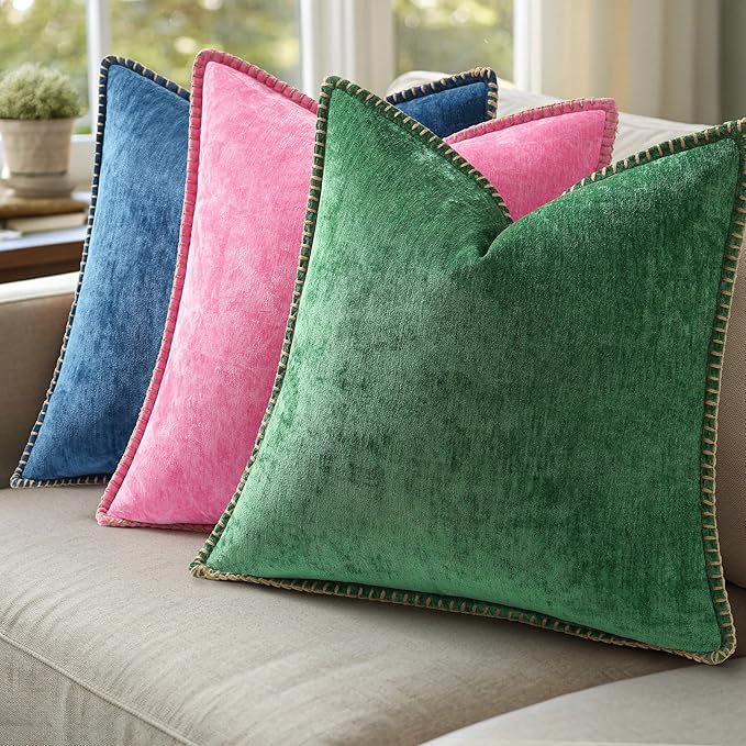 decorUhome Christmas Chenille Soft Throw Pillow Covers 12x20 Set of 2, Lumbar Velvet Farmhouse Neutral Decorative Euro Pillow Covers with Stitched Edge for Couch Sofa Bed Home Decor, Green