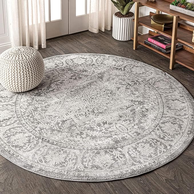 JONATHAN Y Modern Vintage Medallion Light Gray 9' Round Indoor Area Rug, Country, Floral, Easy-Cleaning for Living Room, Bedroom, Kitchen, Pet Friendly, Non-Shedding (MDP100A-9R)
