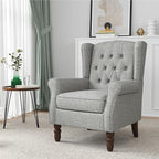 High Back Accent Chairs Set of 2, High Wingback Chair for Living Room, Button-Tufted Upholstered Fabric Armchair with Solid Wood Legs, Comfy Single Sofa Reading Chair for Bedroom, Light Gray
