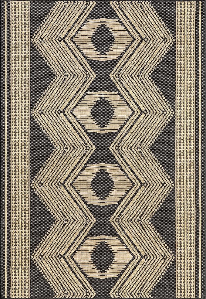 nuLOOM 8' x 10' Outdoor Tribal Geometric Area Rug, Stain Resistant, Weather Resistant, High Traffic, Patio, Balcony, Outside, Ranya Dark Grey