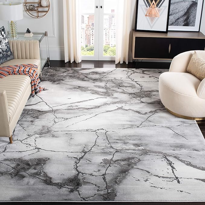 SAFAVIEH Craft Collection Area Rug - 5'3" Square, Grey & Silver, Modern Abstract Design, Non-Shedding & Easy Care, Ideal for High Traffic Areas in Living Room, Bedroom (CFT877G)