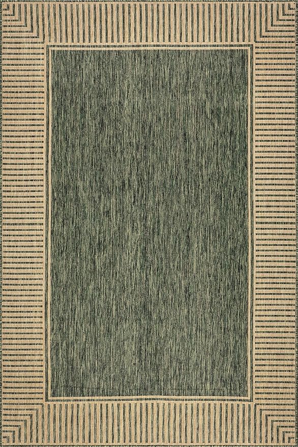 nuLOOM 4' x 6' Outdoor Area Rug, Casual Design with Striped Border, Stain Resistant, Highly Durable, for Patio, Balcony, Bedroom, Living Room, Dining Room, Bathroom, Dark Green