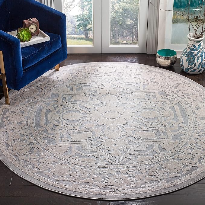 SAFAVIEH Area Rug 5' Round - Reflection Collection - Light Grey & Cream, Non-Shedding & Easy Cleaning, Ideal for Living Room, Bedroom (RFT665C)