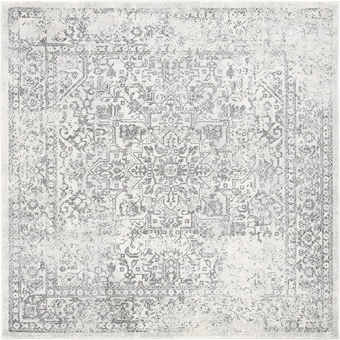 SAFAVIEH Evoke Collection Area Rug - 6'7" Square, Ivory & Grey, Distressed Design, Non-Shedding & Easy to Clean, Ideal for Living Room, Bedroom, Dining Space (EVK256F)