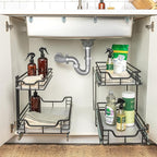 Household Essentials Glidez Multipurpose Paint-Finished Steel Pull-Out/Slide-Out Storage Organizer with Plastic Liners for Under Cabinet Use - 2-Tier Dual-Slide Design, Black