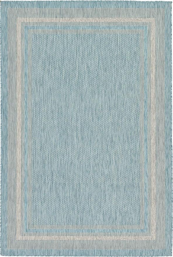 Unique Loom Outdoor Border Collection Area Rug - Soft Border (6' 1" x 9' Rectangle, Aquamarine/ Ivory)