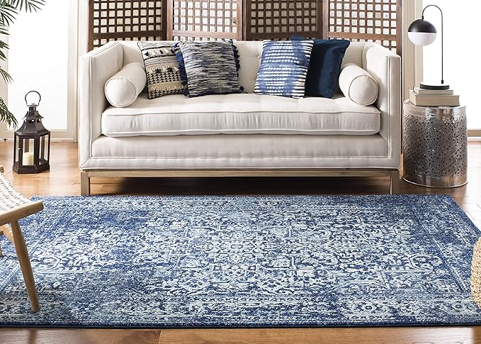 SAFAVIEH Evoke Collection Area Rug - 9' Square, Navy & Ivory, Distressed Design, Non-Shedding & Easy to Clean, Ideal for Living Room, Bedroom, Dining Space (EVK256A)