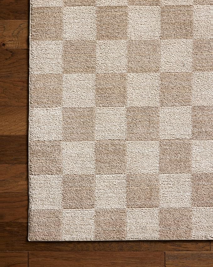 Loloi Chris Loves Julia Calvin Collection CLV-01 Pebble/Ivory 2'-7" x 7'-6" Runner Rug Checkered Neutral Soft Living Room Bedroom Carpet