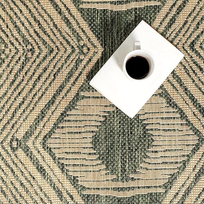 nuLOOM 6' 7" x 9' Outdoor Tribal Geometric Area Rug, Stain Resistant, Weather Resistant, High Traffic, Patio, Balcony, Outside, Ranya Green