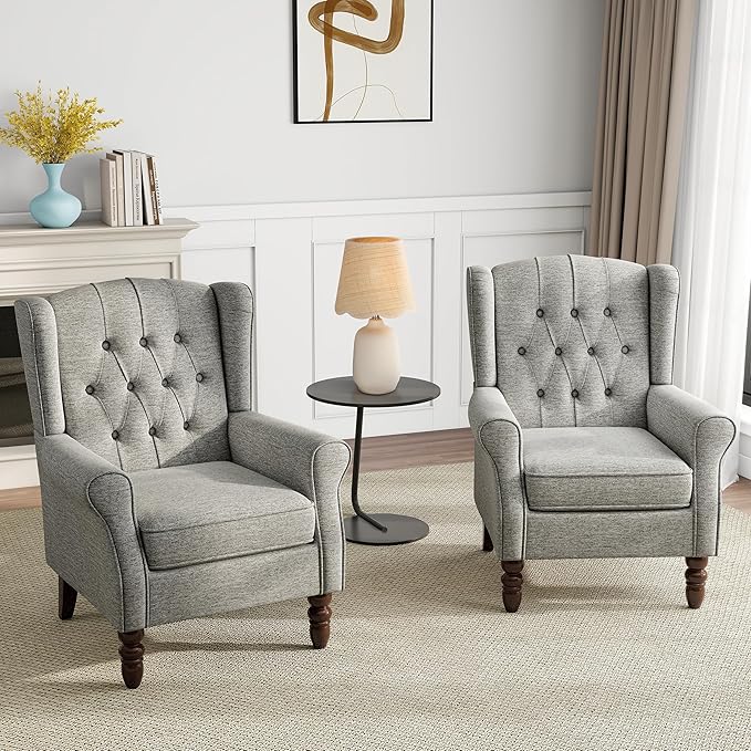 Mid-Century Modern 2-Piece Wingback Chair Set - Plush Upholstered Accent Chairs with Solid Wood Legs, High Back Lounge Seating for Living Room, Bedroom & Office - Retro Matched Pair (Light Gray)