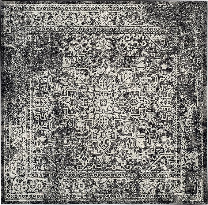 SAFAVIEH Evoke Collection Area Rug - 6'7" Square, Black & Grey, Distressed Design, Non-Shedding & Easy to Clean, Ideal for Living Room, Bedroom, Dining Space (EVK256R)